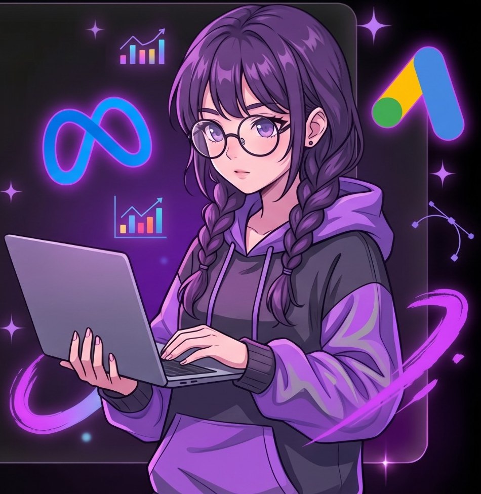 Ilustración anime de una especialista en Meta Ads y Google Ads de Mateo Estudio analizando campañas en su laptop