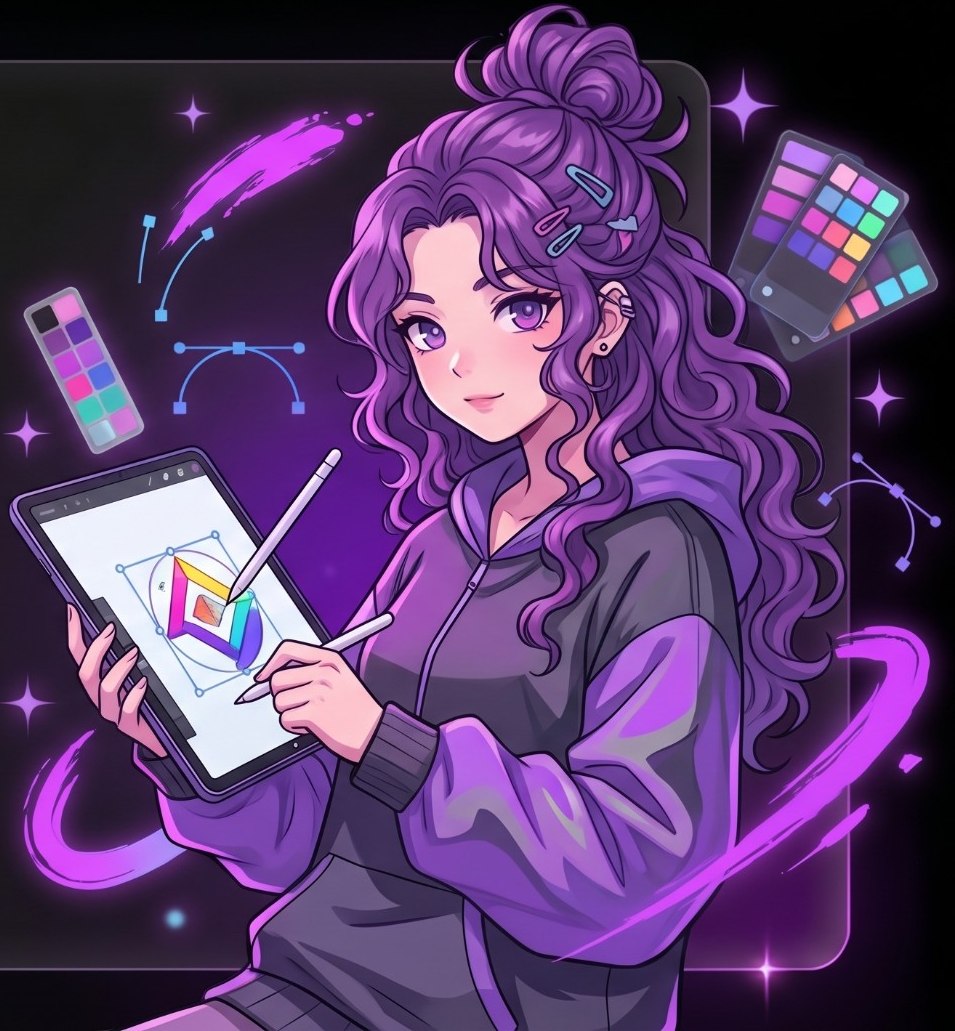 Ilustración anime de una diseñadora de marca de Mateo Estudio dibujando un logotipo en una tablet con paletas de color