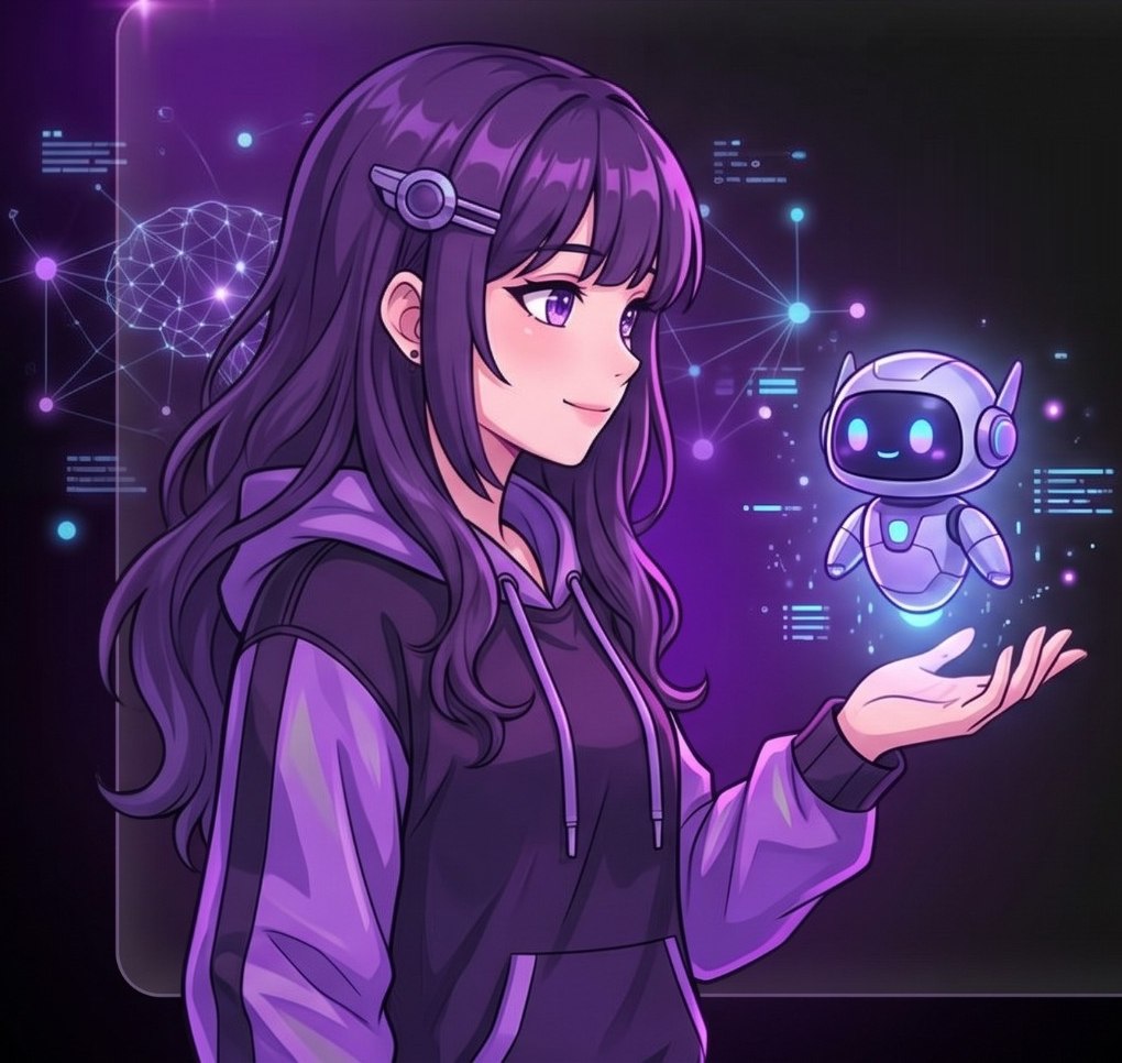 Ilustración anime de una especialista en automatización de Mateo Estudio con un asistente robot de inteligencia artificial