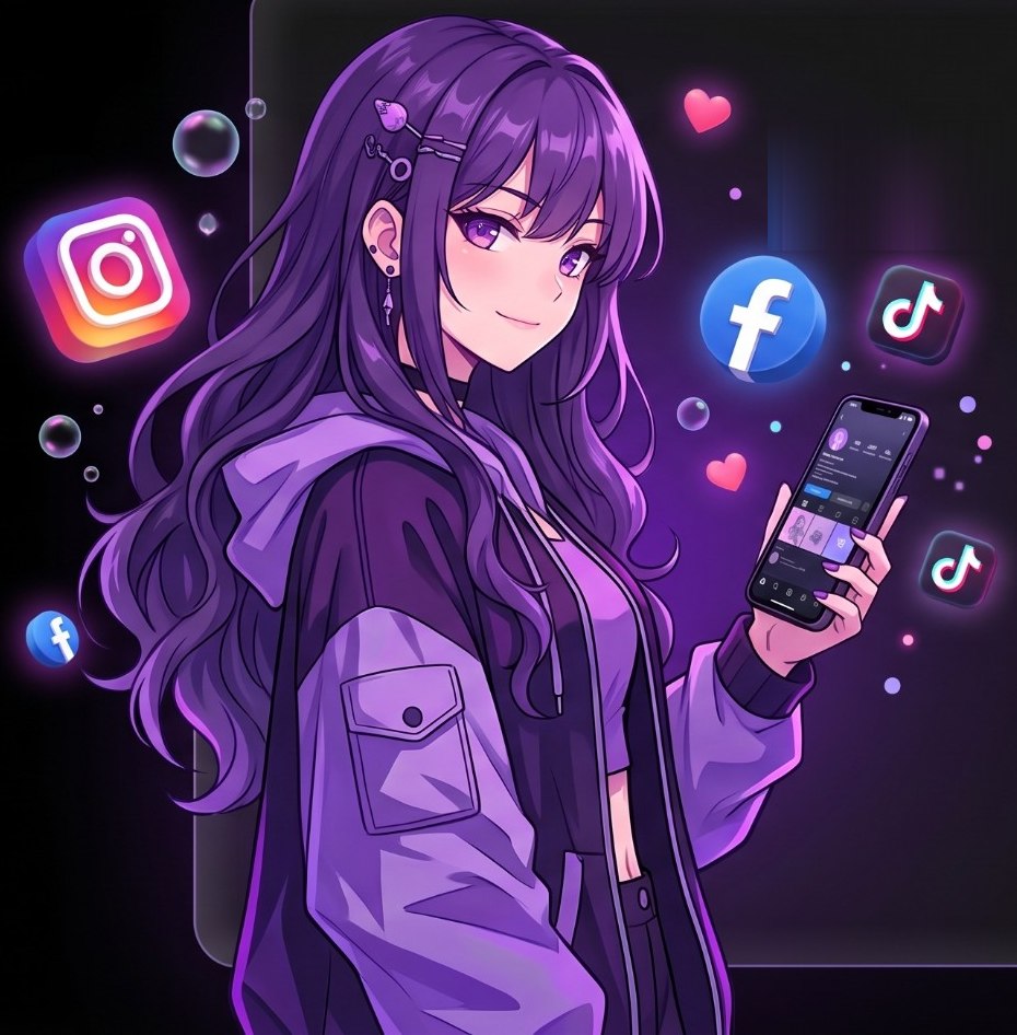 Ilustración anime de una community manager de Mateo Estudio gestionando Instagram, Facebook y TikTok desde el celular