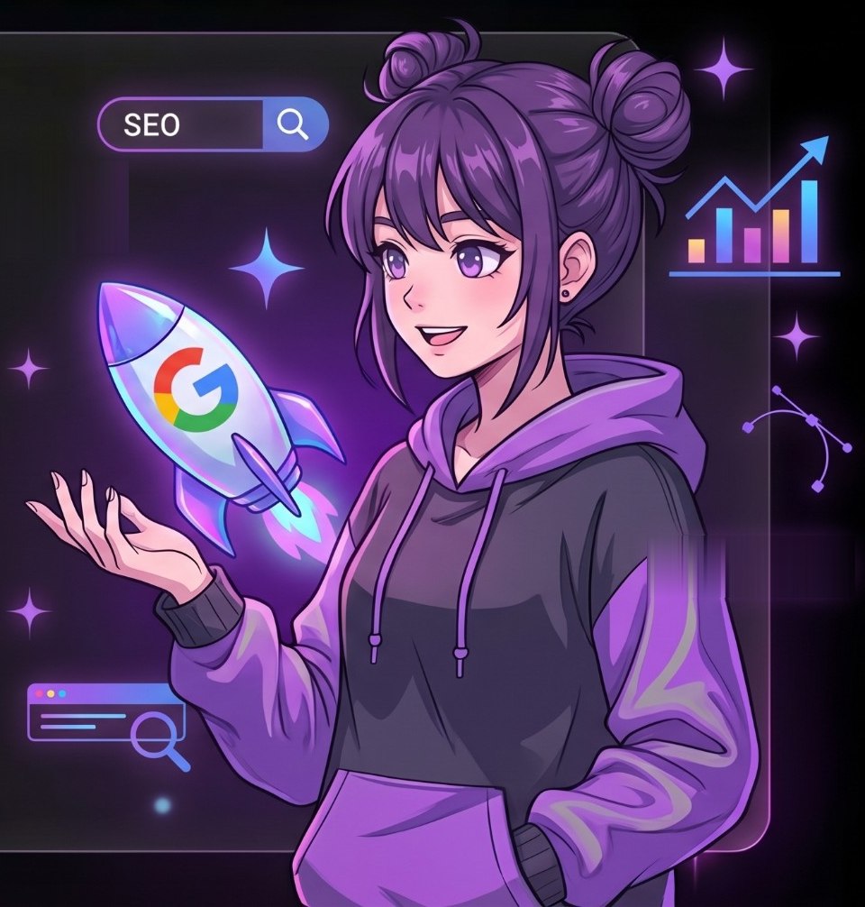 Ilustración anime de una especialista SEO de Mateo Estudio con un cohete de Google y gráficos de tráfico en crecimiento