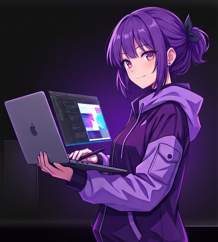 Ilustración anime de una diseñadora web de Mateo Estudio programando un sitio en su laptop